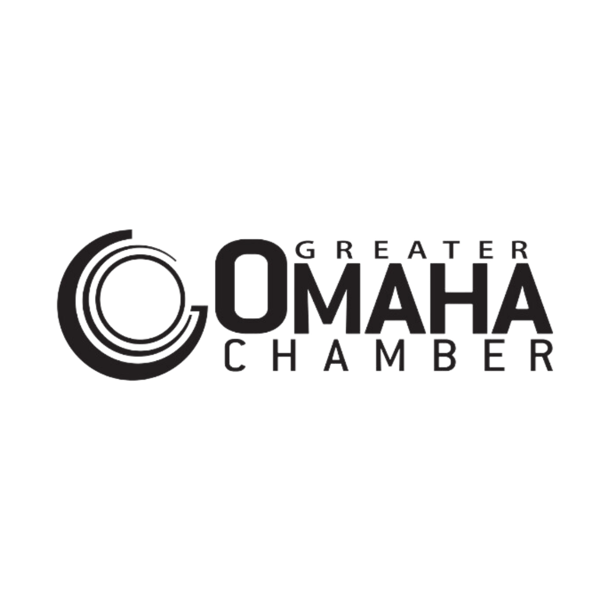 Logo of the Greater Omaha Chamber featuring bold lettering, circular design on the left, and text in black and white.