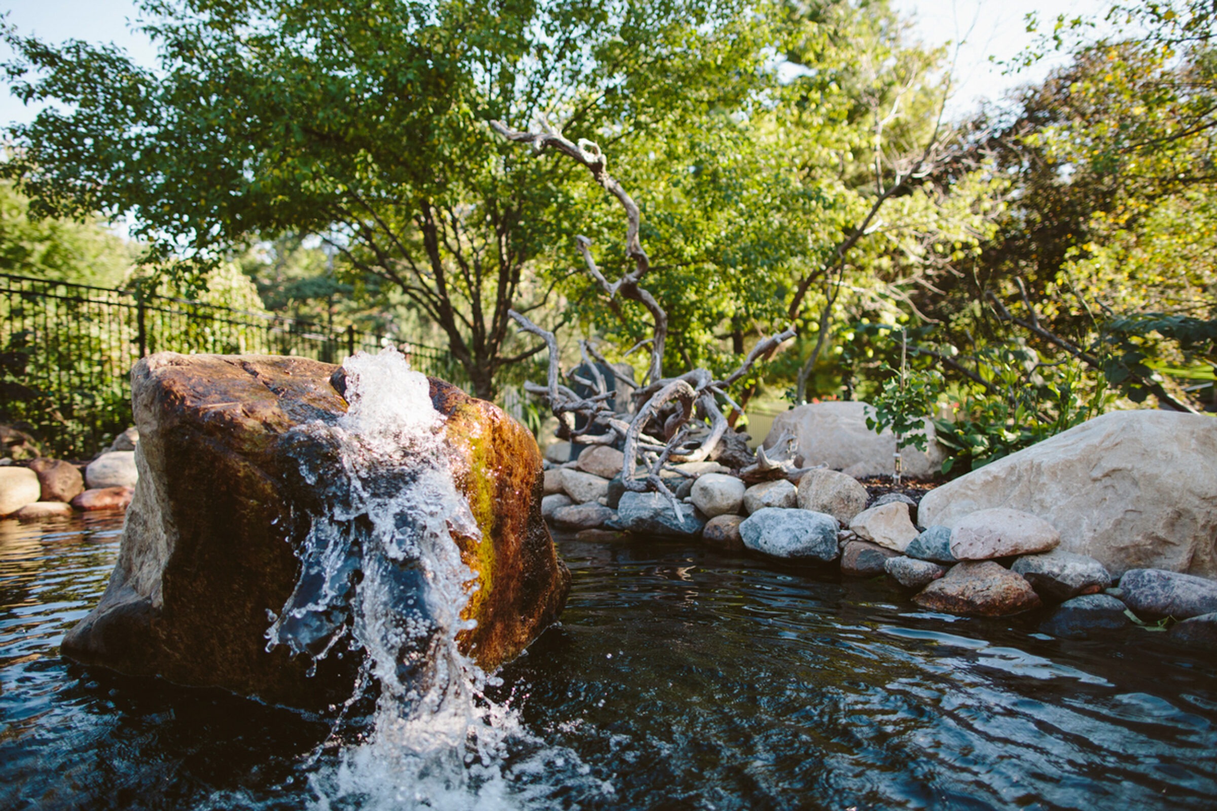 A small waterfall flows over a rock into a serene pond, surrounded by lush greenery and stones, under a clear blue sky.