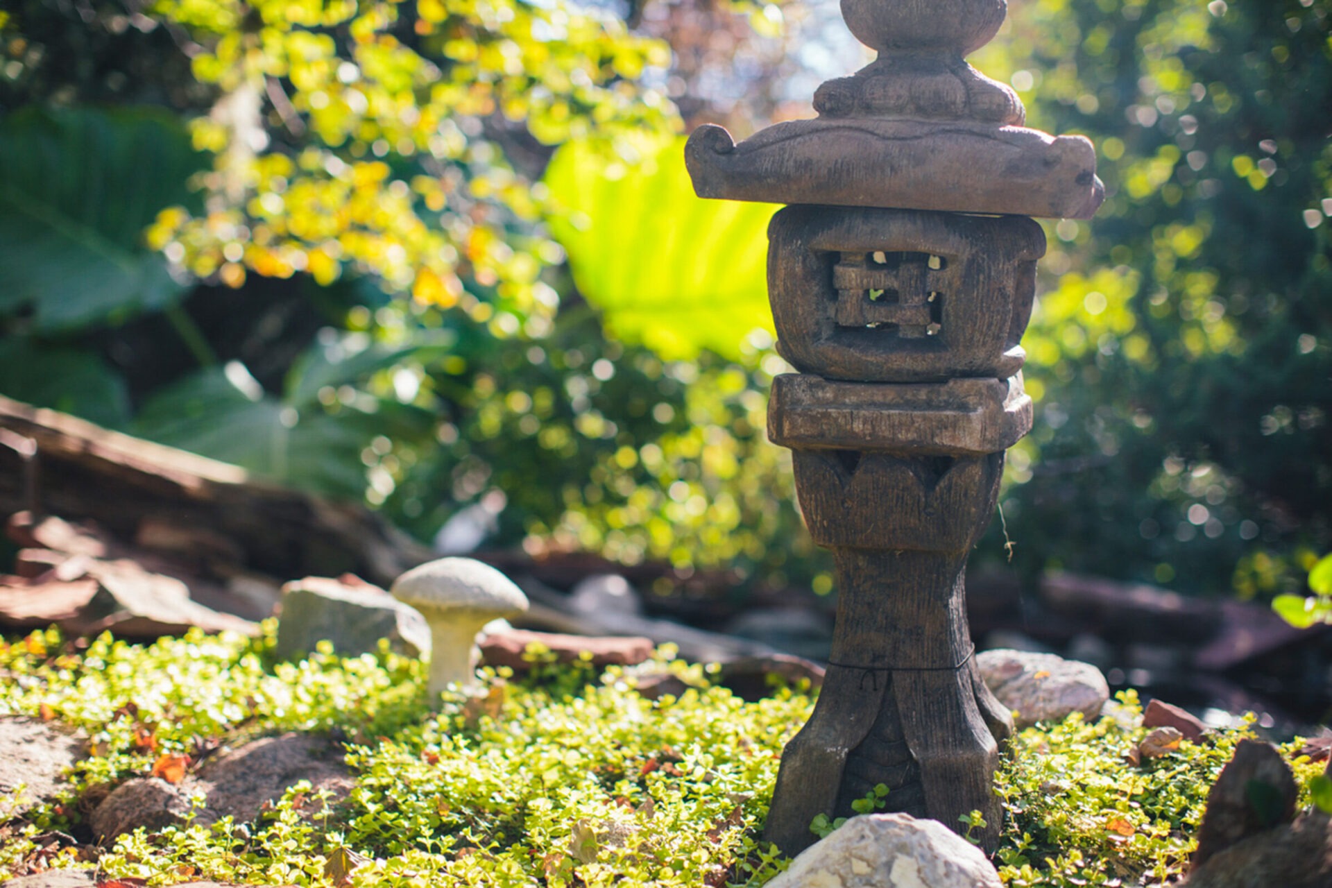 A small, decorative stone lantern stands among green foliage and mushrooms, creating a serene garden scene with sunlight filtering through the trees.