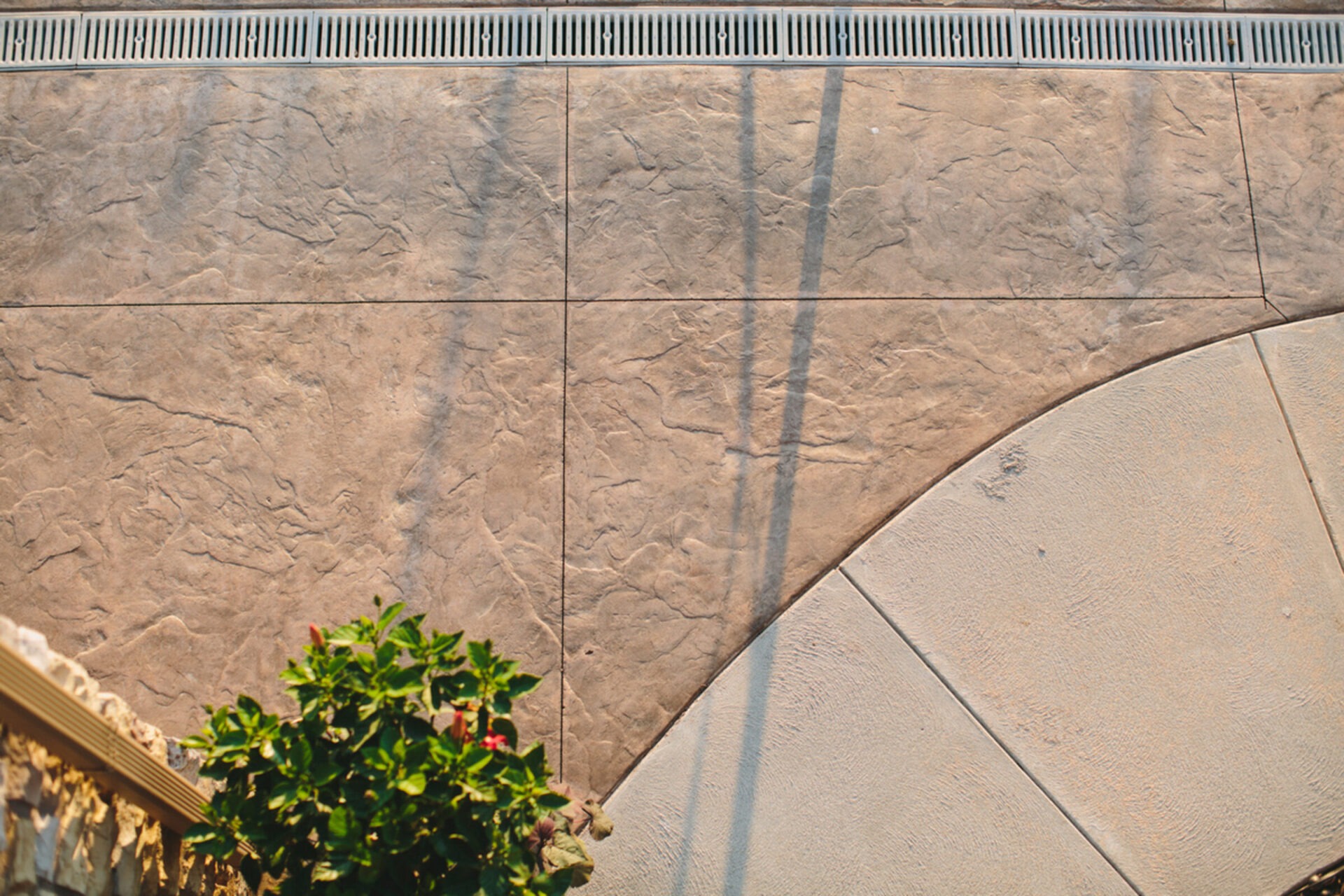 Concrete surface with textured patterns, metal drainage grates, shadows, and a plant with green leaves and red flowers in the corner.