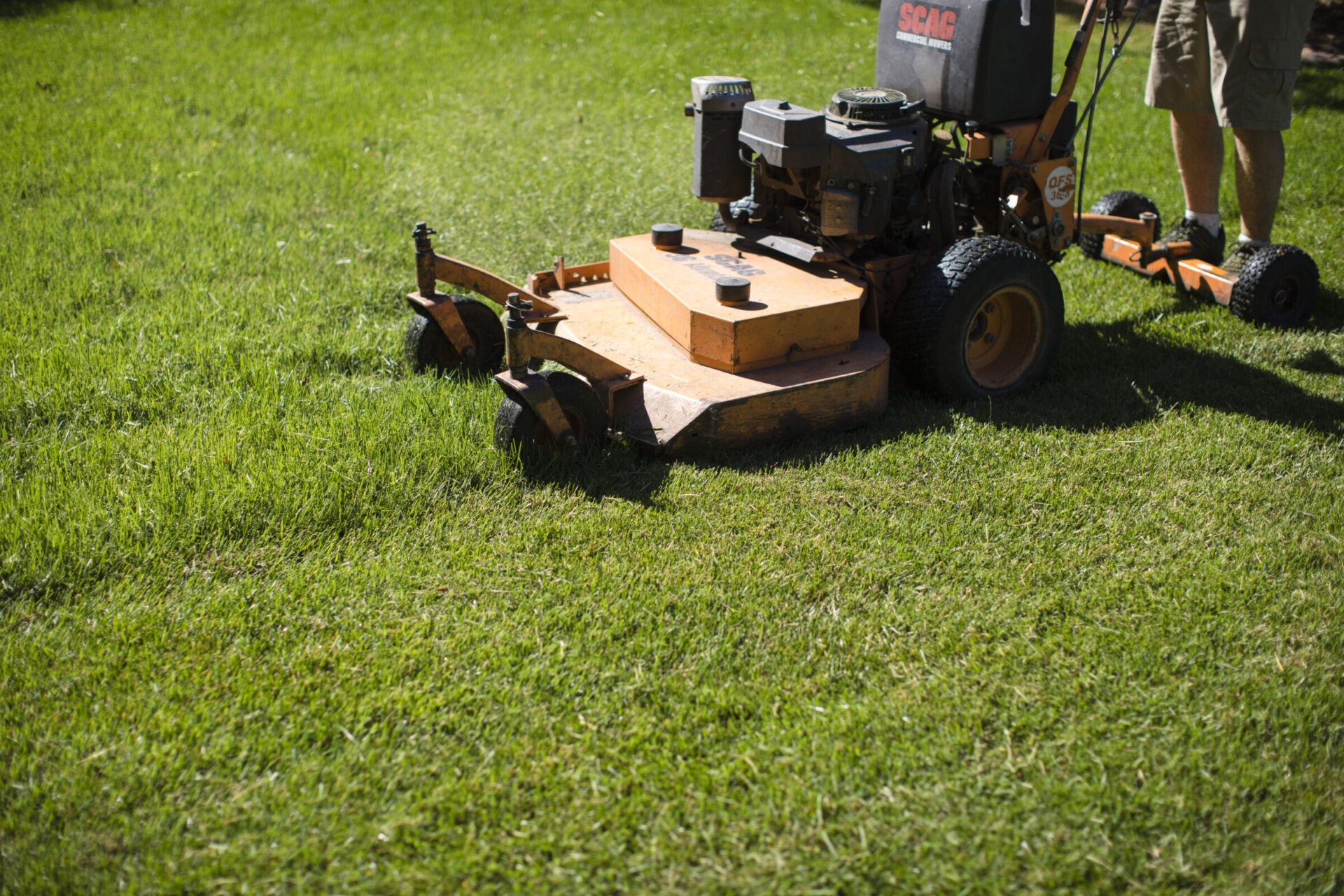 A person operates a gas-powered lawn mower on a sunny day, cutting lush green grass in a garden or park setting.