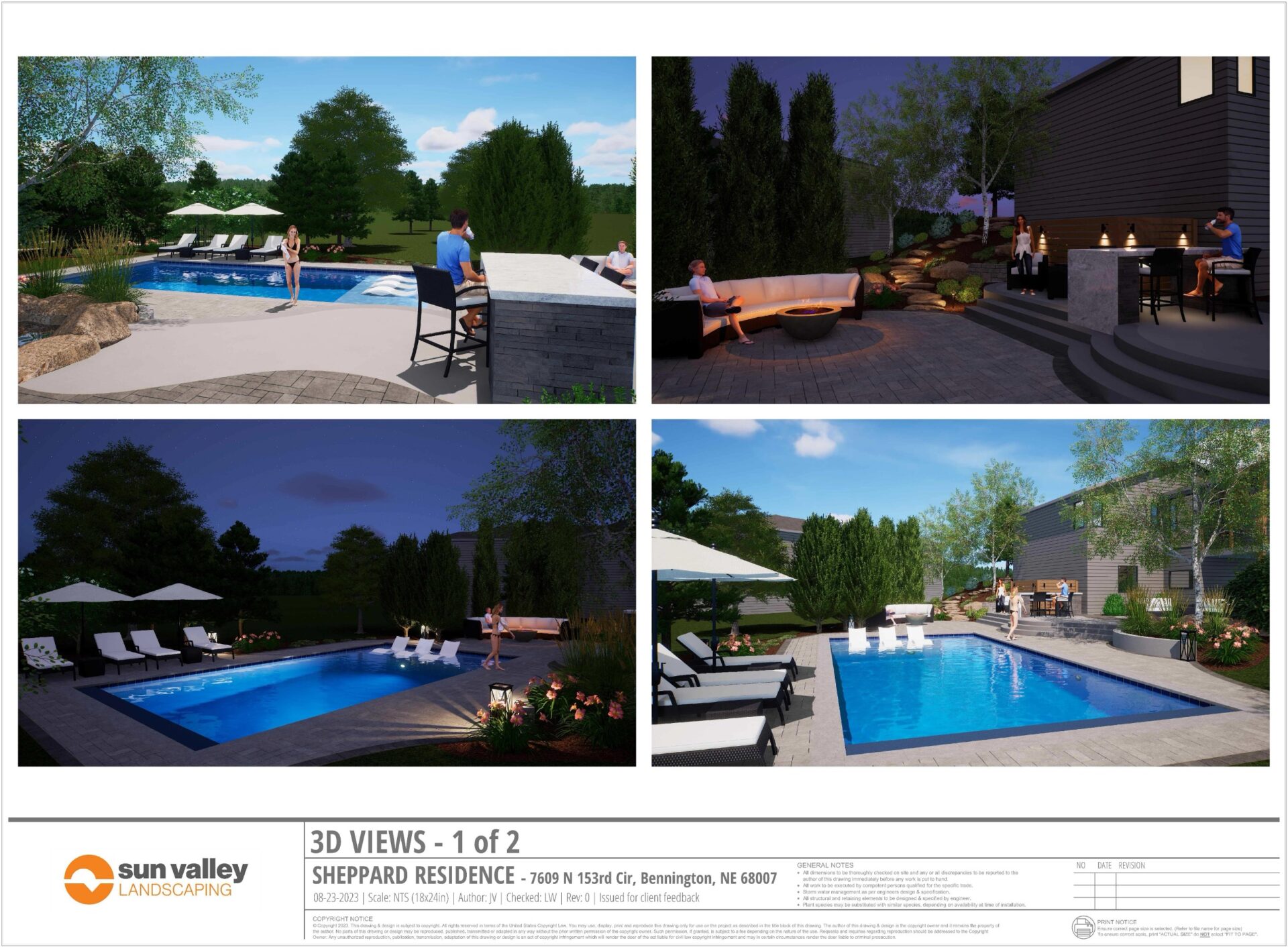 A landscaped backyard design with a pool, loungers, seating areas, and people relaxing. Sun Valley Landscaping project details included.