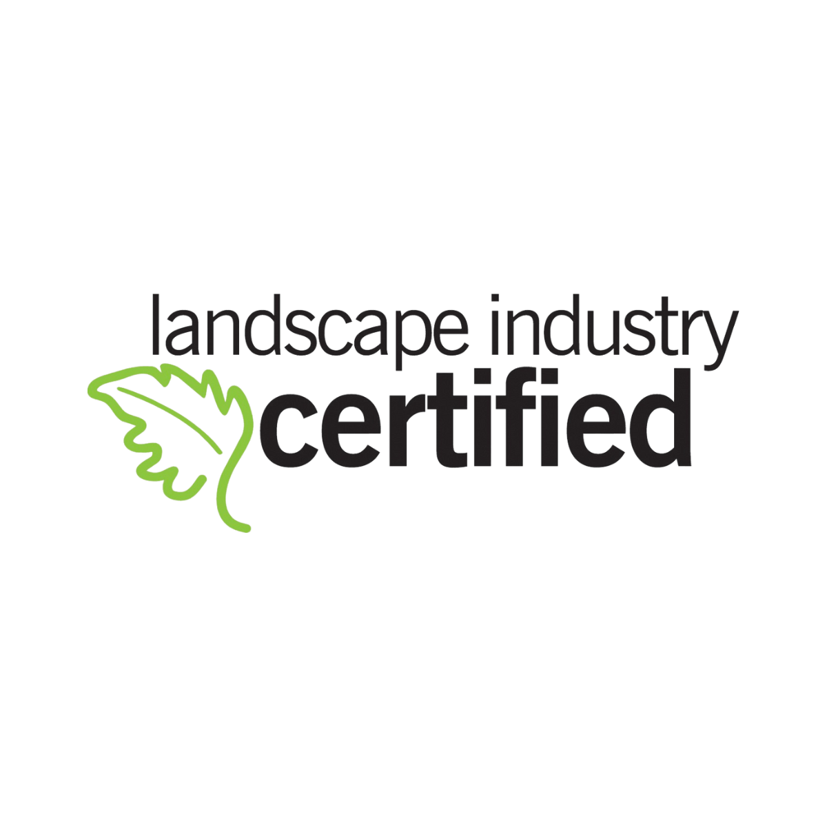 Text logo displaying "landscape industry certified" in black, with a green leaf graphic on the left side, representing certification in landscaping.