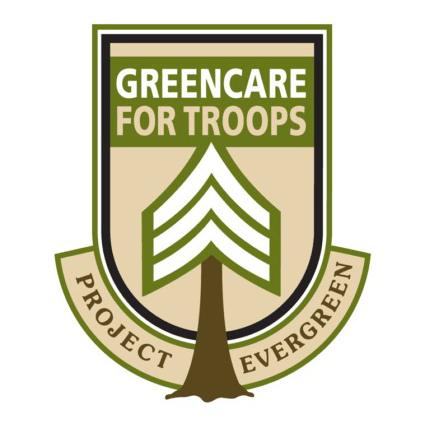 GreenCare for Troops logo features a tree with an arrow motif and text, representing Project Evergreen's support initiative for military families.