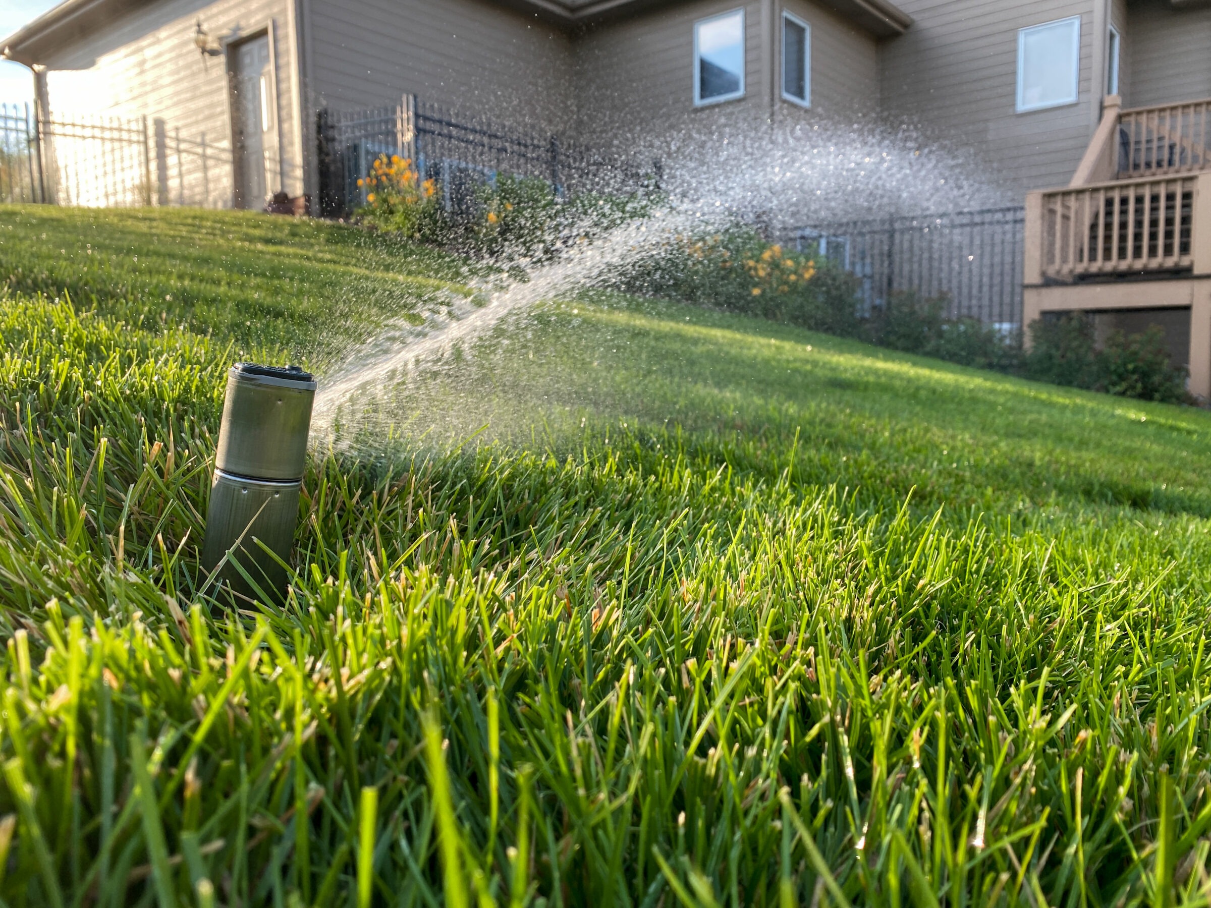 A sprinkler waters a well-maintained, green lawn lawn.