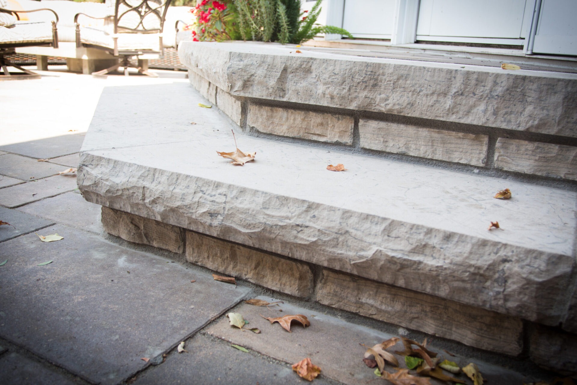 Stone steps with fallen leaves leading to a patio; chairs and plants visible in the background, sunlight illuminating the scene.