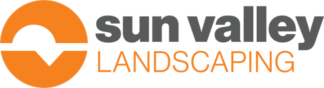 The image shows the "Sun Valley Landscaping" logo with an orange and gray design, featuring stylized text and a circular emblem.