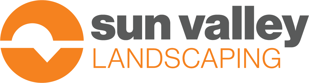 The image shows the "Sun Valley Landscaping" logo with an orange and gray design, featuring stylized text and a circular emblem.