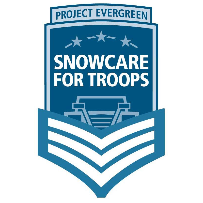 Logo for Project EverGreen's "SnowCare for Troops" program, featuring stars and a stylized design representing a snowplow or vehicle.