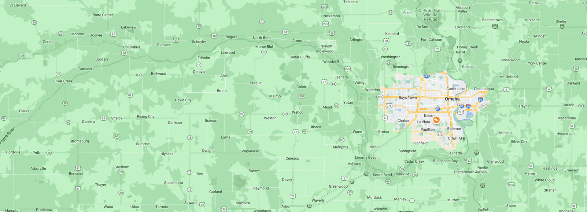 Map showing Nebraska, with Omaha highlighted. Surrounding towns and highways are visible, along with natural features like Platte River and DeSoto National Wildlife Refuge.