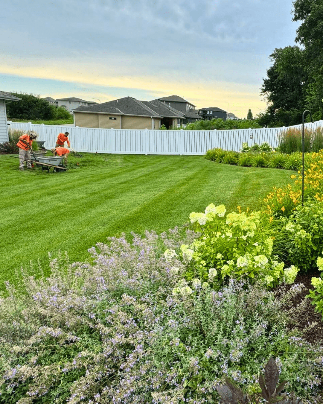 Crew working in a well-maintained backyard with flowering garden beds.
