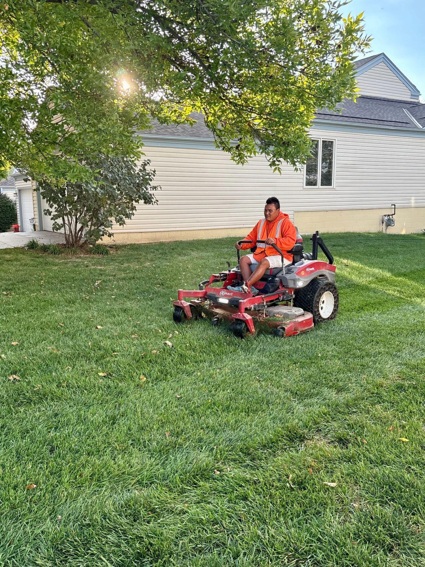 Landscaper using a riding mower under a tree in a suburban yard.