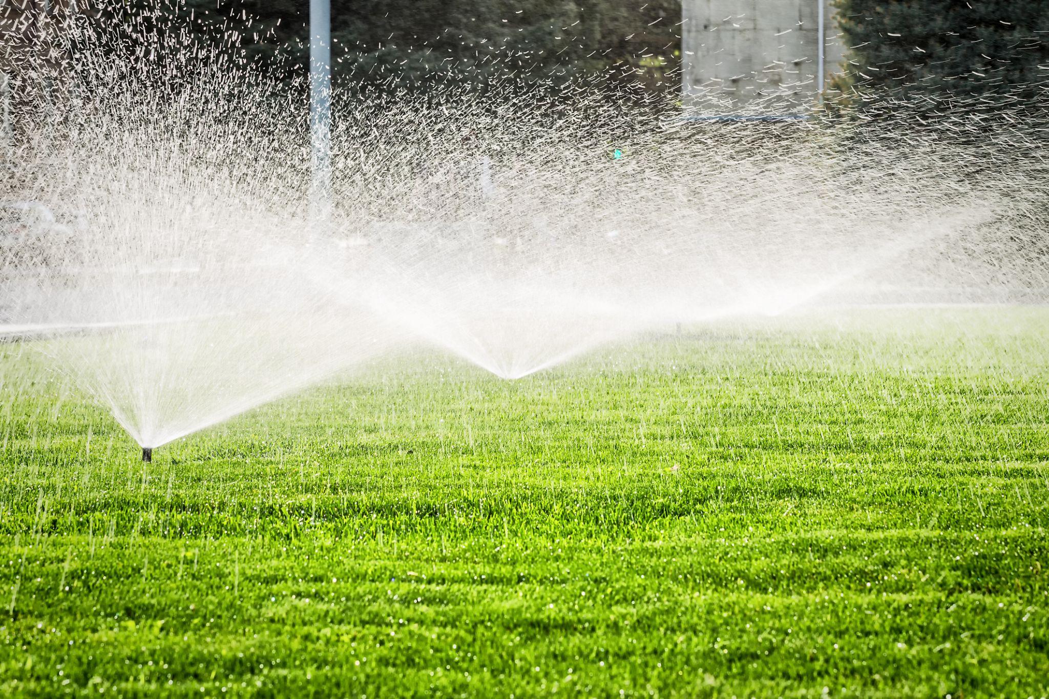 Three lawn sprinklers spraying water in wide arcs across a bright green grassy area.